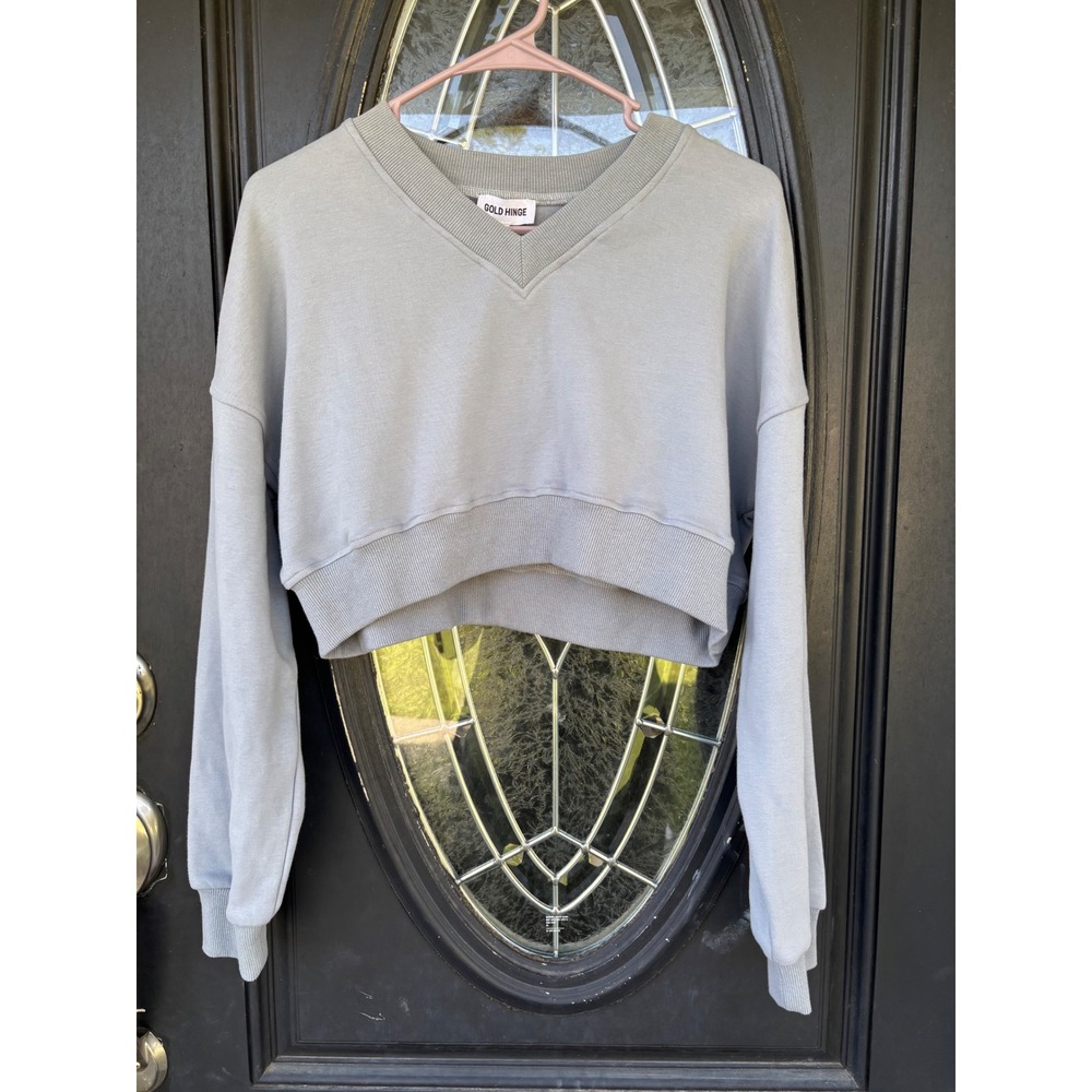 Gold Hinge Women Cropped V-Neck Sweatshirt Light Blue Gray Long Sleeve NWT Small